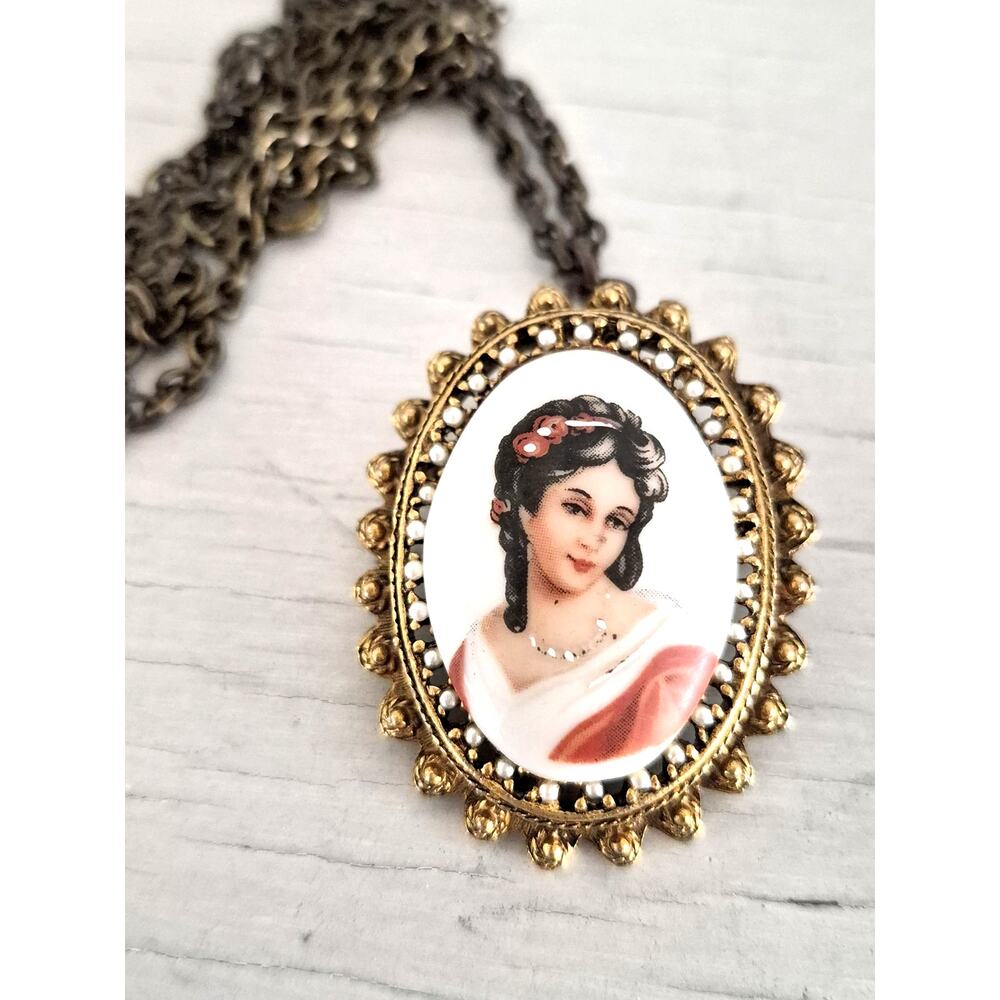 Vintage Limoges France Porcelain Victorian Lady Ornate Pendant Pin Necklace